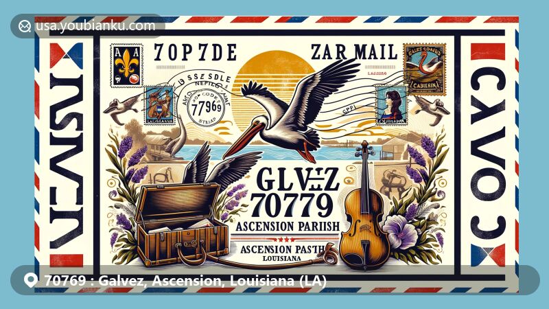 Modern illustration of Galvez, Ascension Parish, Louisiana, featuring vintage air mail envelope, Louisiana state flag, Ascension Parish outline, historic Galveztown marker, Cajun cultural elements, and postal symbols.