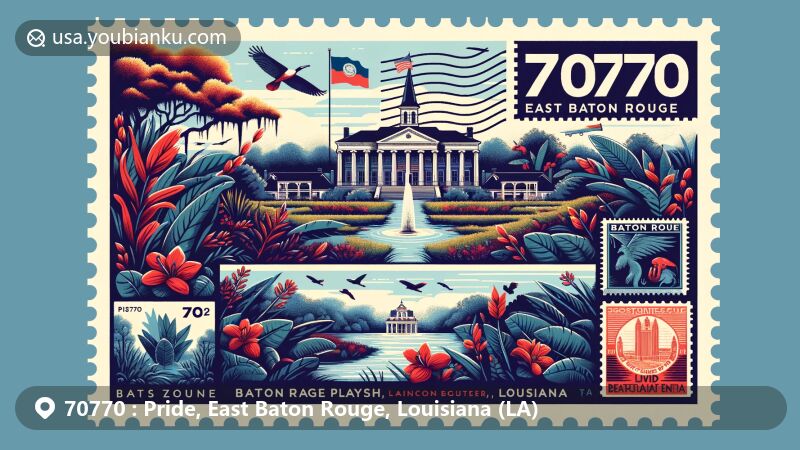 Modern illustration of Pride, East Baton Rouge Parish, Louisiana, showcasing postal theme with ZIP code 70770, featuring Old Governor’s Mansion, Lincoln Theater, Louisiana state flag, and Pride-Chaneyville Branch Library.