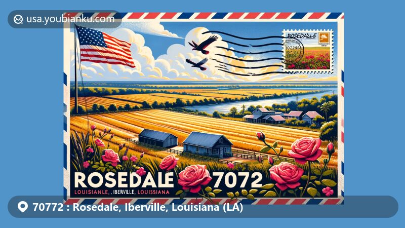 Modern illustration of Rosedale, Iberville Parish, Louisiana, showcasing postal theme with ZIP code 70772, featuring rural landscape, Bayou Grosse Tete, Cherokee roses, Louisiana state flag, and postal elements.
