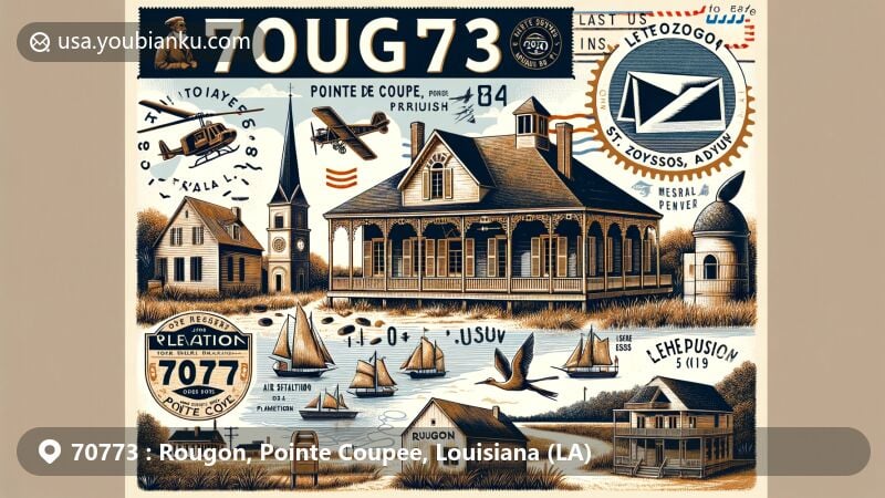 Modern illustration of Rougon, Pointe Coupee Parish, Louisiana, featuring plantation houses, Le Poste de Pointe Coupee, L'Église St-François d'Assise, and Mississippi River, with postal theme and Louisiana state flag.