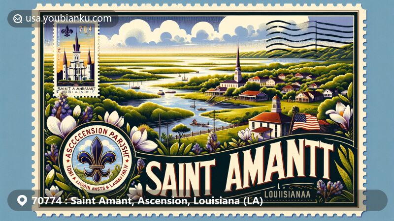 Modern illustration of Saint Amant, Ascension, Louisiana, showcasing lush green landscapes, community spirit, and symbolic elements of Ascension Parish and Louisiana, with vintage postal elements and ZIP code 70774.