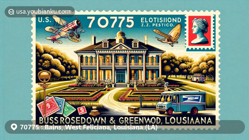 Modern illustration of Bains, West Feliciana, Louisiana, featuring Rosedown and Greenwood Plantations with Victorian gardens, marble statuary, and Greek Revival details, styled as a postcard with postal elements and ZIP code 70775.