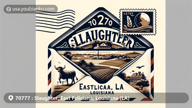 Vintage-style airmail envelope illustration showcasing Slaughter, Louisiana theme with East Feliciana Parish outline, Louisiana state flag, and rural landscapes, emphasizing town's setting within Baton Rouge metropolitan area.