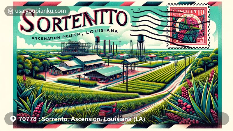 Modern illustration of Sorrento, Louisiana in Ascension Parish, featuring iconic sugar cane fields, moss-draped lanes, and The Cajun Village, representing rich historical roots and diverse cultural influences.