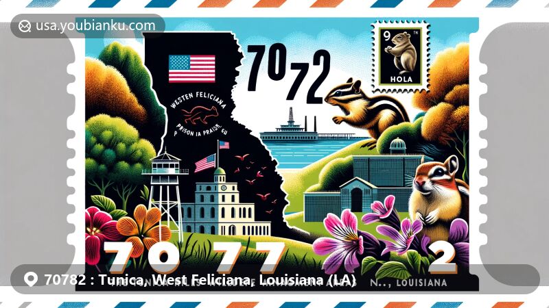 Modern illustration of Tunica, West Feliciana Parish, Louisiana, showcasing natural beauty of Tunica Hills Wildlife Management Area, Louisiana State Penitentiary, and postal elements with ZIP code 70782.