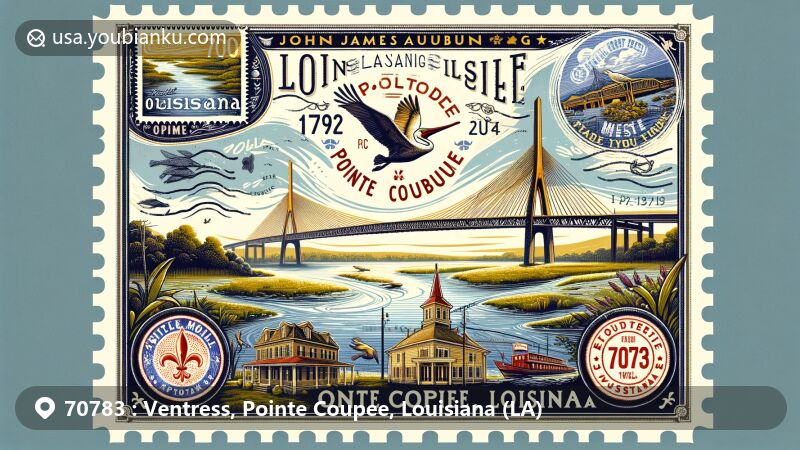 Modern illustration of Ventress, Pointe Coupee, Louisiana, featuring postal theme with ZIP code 70783, highlighting John James Audubon Bridge and False River.