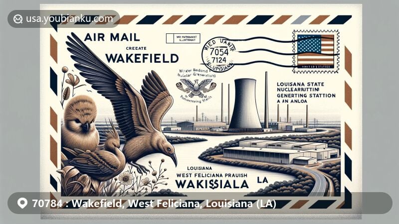Modern illustration of Wakefield, West Feliciana Parish, Louisiana (LA), featuring air mail envelope with local bird illustrations by John James Audubon, River Bend Nuclear Generating Station, Louisiana State Penitentiary, and United States flag stamp. Postmark reads '70784 Wakefield, LA', with subtle outline of Louisiana in the background.
