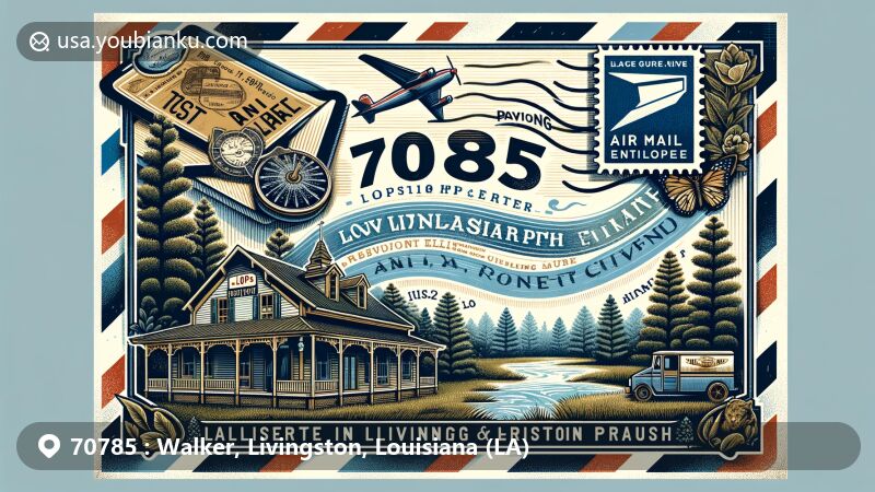 Modern illustration of Walker, Louisiana, showcasing postal theme with ZIP code 70785, featuring historic post office design, pine trees, Amite River, and local wildlife.