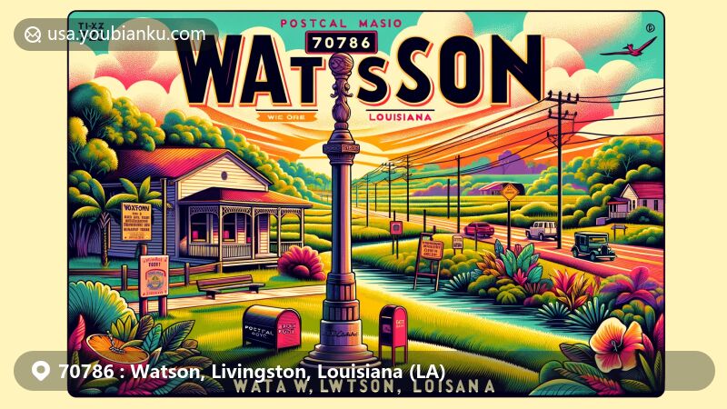 Modern illustration of Watson, Louisiana, depicting a postal postcard with postal elements like vintage stamps, a postmark with ZIP code 70786, and a mailbox. The artwork showcases the lush subtropical landscape of Watson, Livingston Parish, Louisiana, with historical references to the first post office established in 1894 and its first postmaster George W. Watson.