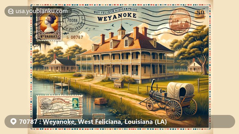 Illustration of Live Oak Plantation House in Weyanoke, Louisiana, West Feliciana Parish, integrated with vintage postal elements and symbols, featuring Spanish-influenced architecture and Louisiana landscapes.