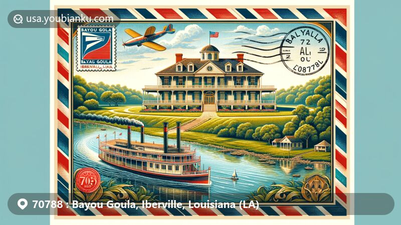 Modern illustration of Bayou Goula, Iberville Parish, Louisiana, featuring Tally-Ho Plantation House in Greek Revival style, steamboat on the Mississippi River, and vintage air mail envelope design with ZIP code 70788.