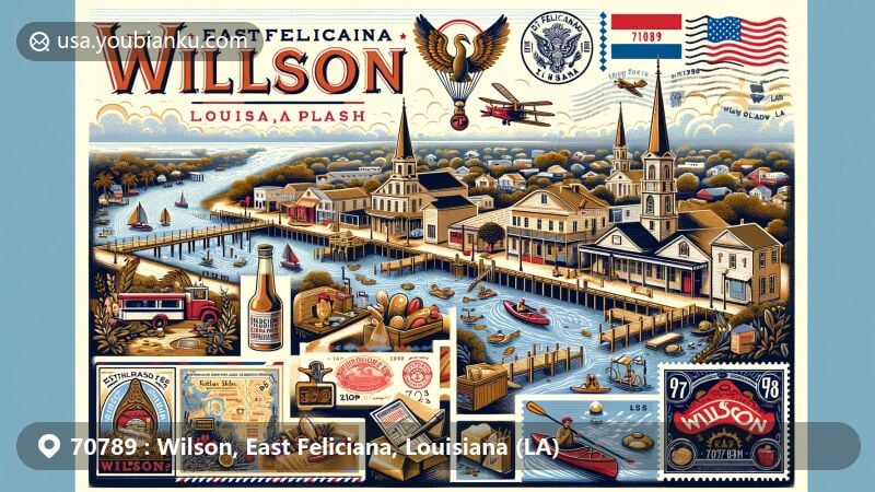 Modern illustration of Wilson, East Feliciana, Louisiana, highlighting postal theme with ZIP code 70789, showcasing village charm, scenic beauty, historic landmarks, and local culture.