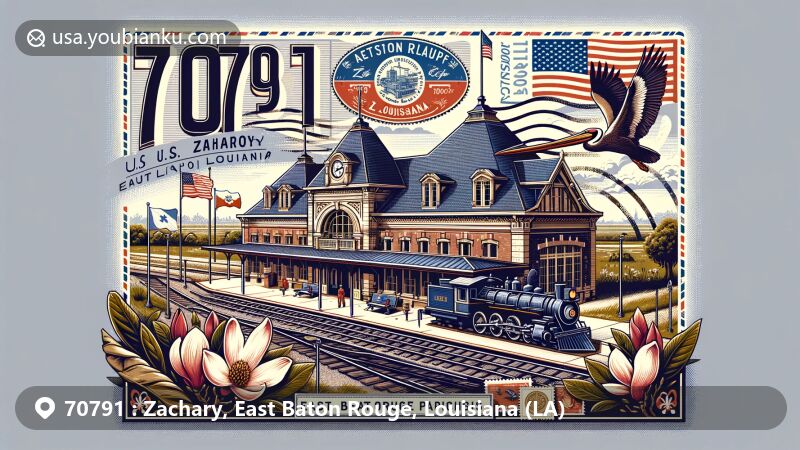 Creative illustration of Zachary, East Baton Rouge, Louisiana, featuring Zachary Railroad Depot, Louisiana state flag, magnolia flowers, and elements of postal theme with vintage air mail envelope, postal stamp of Brown Pelican, and ZIP code 70791.