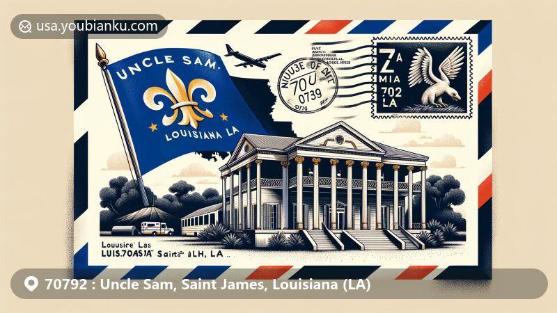 Modern illustration of Uncle Sam Plantation in Louisiana's Uncle Sam area, featuring air mail envelope with Greek Revival architecture outline and Louisiana state flag.