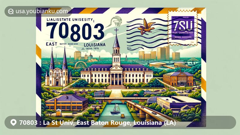 Modern illustration of Louisiana State University in East Baton Rouge, Louisiana, showcasing airmail envelope design with LSU landmarks, including the State Capitol and the Old Governor's Mansion, along with postal symbols and references to Baton Rouge's culture.