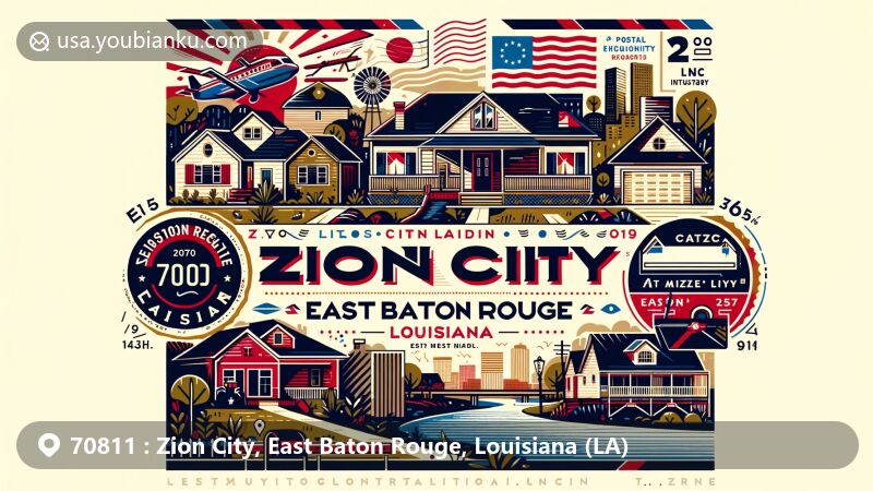 Modern illustration of Zion City, East Baton Rouge, Louisiana, portraying suburban neighborhood with diverse housing structures from 1970-1999, incorporating Louisiana's cultural elements and postal theme with ZIP code 70811.