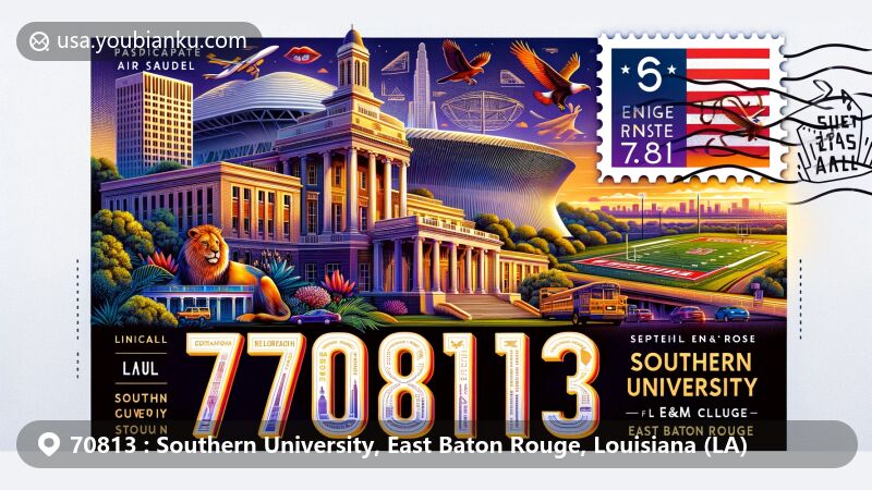 Modern illustration of ZIP code 70813 in East Baton Rouge, Louisiana, featuring Southern University landmarks like Law Center, Mumford Stadium, and F. G. Clark Center, along with Baton Rouge symbols.
