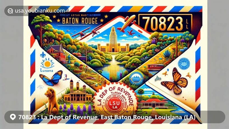 Modern illustration of La Dept of Revenue, East Baton Rouge, Louisiana, featuring air mail envelope with ZIP code 70823, blending landmarks like Bluebonnet Swamp Nature Center, Louisiana State Capitol, and LSU Museum of Natural Science.