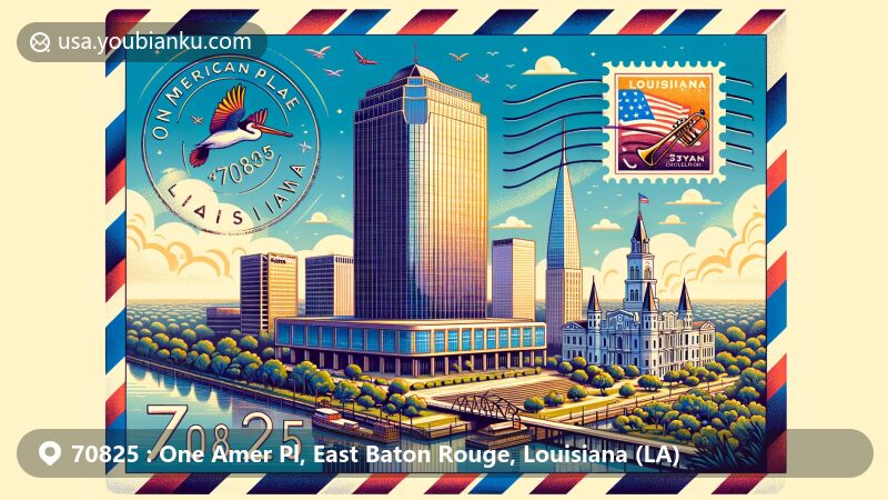 Creative illustration of Baton Rouge, Louisiana, featuring One American Place skyscraper and Louisiana State Capitol within a symbolic airmail envelope with ZIP code 70825 and decorative state symbols.