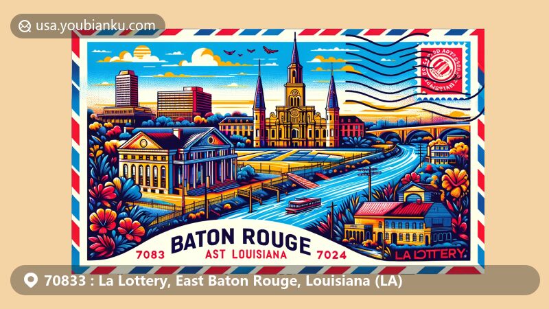 Modern illustration of ZIP Code 70833 in La Lottery, East Baton Rouge, Louisiana, highlighting landmarks like the Louisiana State Capitol, Old Governor's Mansion, and LSU Rural Life Museum with postal elements and ZIP Code 70833.