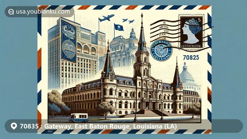 Modern illustration of Baton Rouge, Louisiana, blending architectural landmarks with postal elements, featuring Gothic-style Old State Capitol and Louisiana state flag on a postcard backdrop.