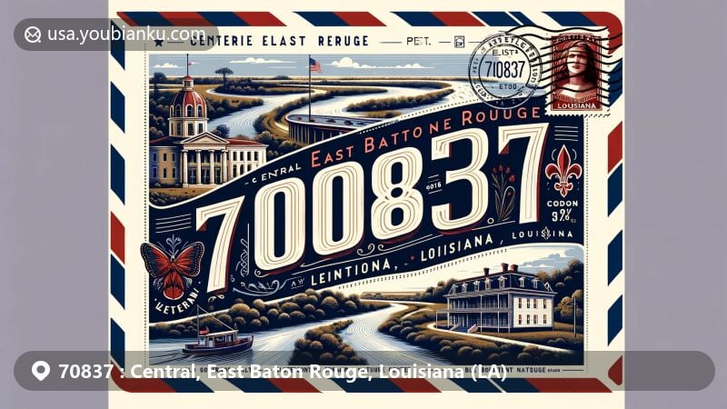 Modern illustration of Central, East Baton Rouge, Louisiana, featuring zip code 70837 designed as an air mail envelope with vintage elements, showcasing iconic landmarks like Comite and Amite Rivers, Louisiana Highway 408, Old Governor's Mansion, Lincoln Theater, and Bluebonnet Swamp Nature Center.