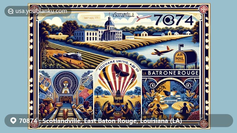 Modern illustration of Scotlandville, Baton Rouge, Louisiana, showcasing Southern University and A&M College, farmland, and the Mississippi River, with lively cultural symbols representing community revitalization efforts, enclosed in an air mail envelope with postal elements like a postage stamp and postmark.
