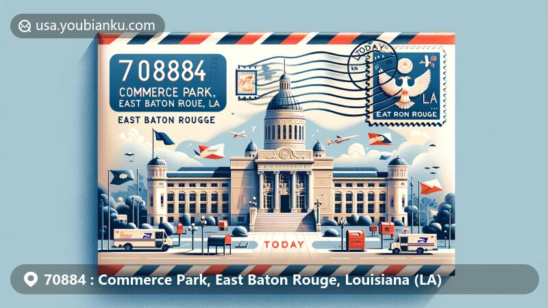 Modern illustration of airmail envelope featuring Louisiana State Capitol and Old Governor’s Mansion, with textual details '70884 Commerce Park, East Baton Rouge, LA' and simulated postmark, stamp of Louisiana state flag, and postal elements in a fresh and modern style.