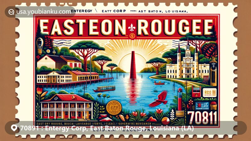 Modern illustration of Entergy Corp area in East Baton Rouge, Louisiana, featuring ZIP code 70891 and landmarks like the Mississippi River, the Louisiana State Capitol, and the Old Governor's Mansion. Cultural symbols include a red-stained cypress tree. Vibrant art style against lush Louisiana landscapes.