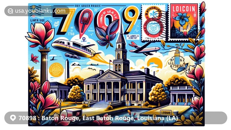 Modern illustration of Baton Rouge, Louisiana, showcasing postal theme with ZIP code 70898, featuring key landmarks like Old Governor's Mansion, Lincoln Theater, and Bluebonnet Swamp Nature Center.