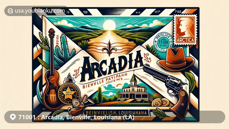 Modern illustration of Arcadia, Bienville Parish, Louisiana, featuring Piney Hills, highest city in Louisiana, and Bonnie and Clyde connection, with a stamp, postal mark displaying ZIP Code 71001, and a sheriff's badge honoring Sheriff Henderson Jordan.