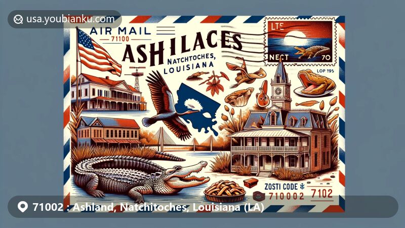 Modern illustration of Ashland, Natchitoches, Louisiana, showcasing postal theme with ZIP code 71002, featuring Louisiana state flag, Natchitoches Parish outline, Natchitoches meat pies, Gator Country Alligator Park alligators, and historic architecture of Natchitoches' Historic Landmark District in Queen Anne, Victorian, and Creole styles.