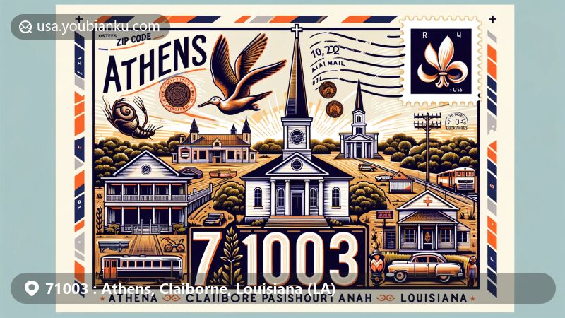 Modern illustration of Athens, Claiborne Parish, Louisiana, featuring ZIP code 71003, incorporating postal themes like postcard and air mail envelope, showcasing Athens Baptist Church, Claiborne Parish Courthouse, Tulip Methodist Church, and Louisiana state symbols.