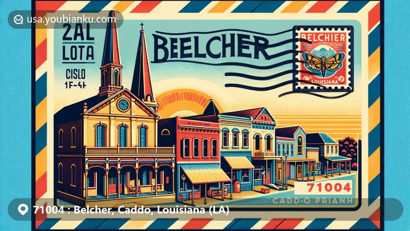 Modern illustration of Belcher, Caddo County, Louisiana, highlighting postal theme with ZIP code 71004, featuring village architecture and historical landmarks.