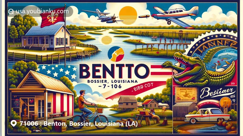 Modern illustration of Benton, Bossier Parish, Louisiana, showcasing postal theme with ZIP code 71006, incorporating Louisiana state flag, airmail envelope, vintage postage stamp with Barksdale Air Force Base, Red River view, parks, alligator, and Mardi Gras mask.