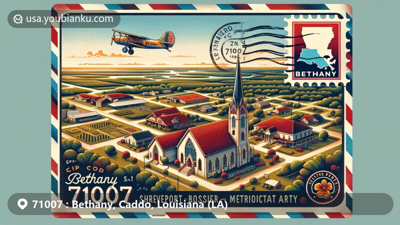 Modern illustration of Bethany, Caddo Parish, Louisiana, featuring aerial view with Bethany United Methodist Church and lush landscapes of Shreveport – Bossier City metropolitan area, framed in vintage air mail envelope with postal theme.