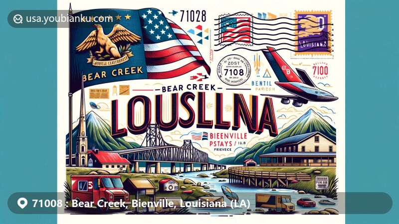 Modern illustration of Bear Creek, Bienville County, Louisiana, embracing a postal theme with ZIP code 71008, featuring state flag, Driskill Mountain, Bienville National Forest, and iconic mail elements.