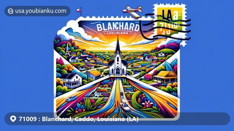 Modern illustration of Blanchard, Caddo Parish, Louisiana, showcasing postal theme with ZIP code 71009, featuring Louisiana state flag and Highway 173.