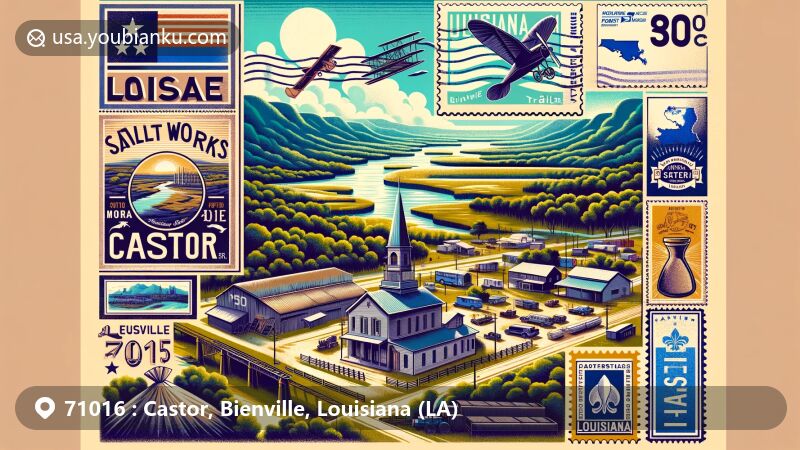 Modern illustration of Castor, Bienville, Louisiana, featuring natural scenery, historical elements, postal theme, and Louisiana state symbols, capturing the unique charm of the area.