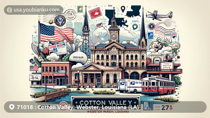 Modern illustration of Cotton Valley, Webster Parish, Louisiana, featuring postal theme with ZIP code 71018, showcasing United States Post Office, state flag, postcard, air mail envelope, stamps, postmark, and small-town charm.