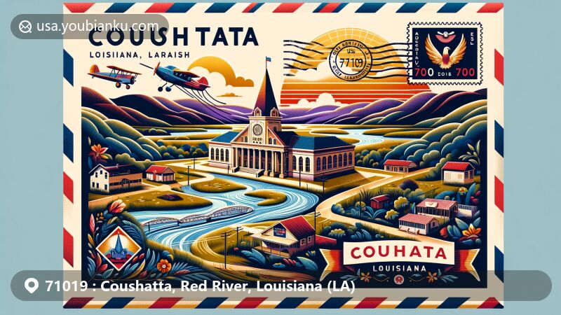 Modern illustration of Coushatta, Louisiana, in Red River Parish, highlighting postal theme with ZIP code 71019, featuring Red River Parish Library, Town Hall, and Louisiana state symbols.
