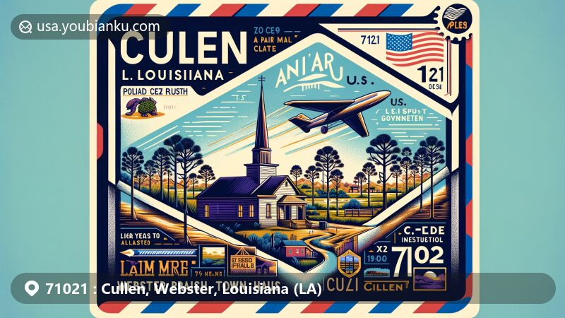 Modern illustration of Cullen, Webster Parish, Louisiana, showcasing postal theme with ZIP code 71021, featuring pine plantation, town hall silhouette, and Louisiana state flag.