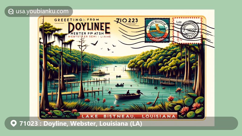 Modern illustration of Doyline, Webster Parish, Louisiana, featuring Lake Bistineau State Park with cypress and tupelo trees, fishing activities, and Louisiana state flag.