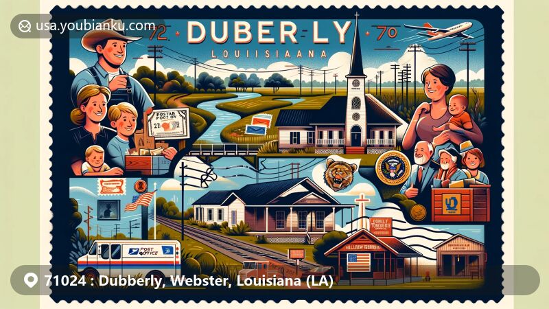 Modern illustration of Dubberly, Webster County, Louisiana, showcasing small-town charm with U.S. Post Office, Town Hall, Fellowship Baptist Church, and Sgt. Joshua Tomlinson Interchange, all within a postal-themed frame highlighting ZIP code 71024.