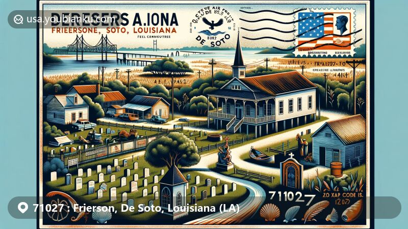Modern illustration of Frierson, De Soto, Louisiana, showcasing key elements like S.J. Frierson plantation, Bayou Pierre, Evergreen Cemetery, vintage postal elements, and ZIP code 71027.