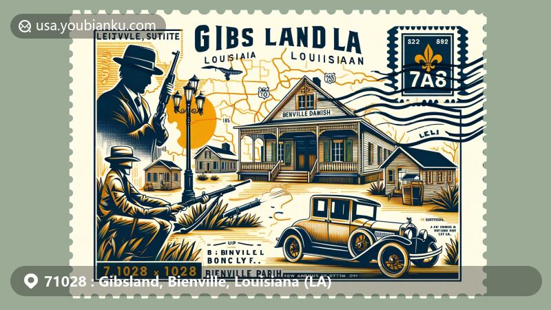 Modern illustration of Gibsland, Louisiana, featuring Bonnie and Clyde historical connection, incorporating Louisiana state flag and Bienville County silhouette. Postcard foreground depicts stylized representation of Bonnie and Clyde ambush site with vintage car. Stamp design in corner showcases postal code 71028 and iconic symbol of Gibsland - an antique car. Postmark effect labeled with 'Gibsland, LA', '71028', and current date, mimicking real postage process, harmonizing regional and postal elements.