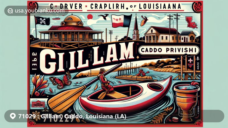 Modern illustration of Gilliam, Caddo Parish, Louisiana, showcasing ZIP code 71029 with Red River Crossroads Museum, state flag, Caddo Parish outline, kayak paddle, gumbo bowl, and postal theme.