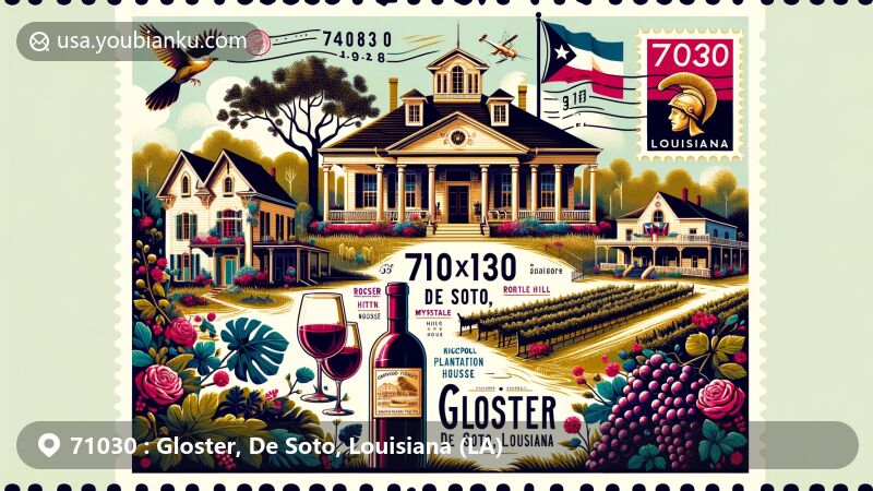 Modern illustration of Gloster, De Soto, Louisiana, featuring Rose-Neath Plantation, Myrtle Hill Plantation House, and Thomas Scott House in Greek Revival style, along with Kickapoo Twist Winery & Vineyard's wines and Louisiana state flag.