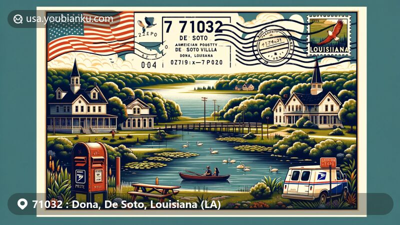 Illustration of Dona area, De Soto County, Louisiana, featuring postal theme with ZIP code 71032, showcasing natural beauty and Grand Cane village landmarks.