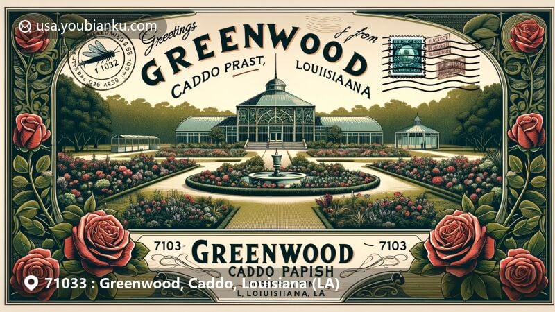 Modern illustration of Greenwood, Caddo Parish, Louisiana, featuring the American Rose Center and vintage postal elements, symbolizing community spirit and beauty.